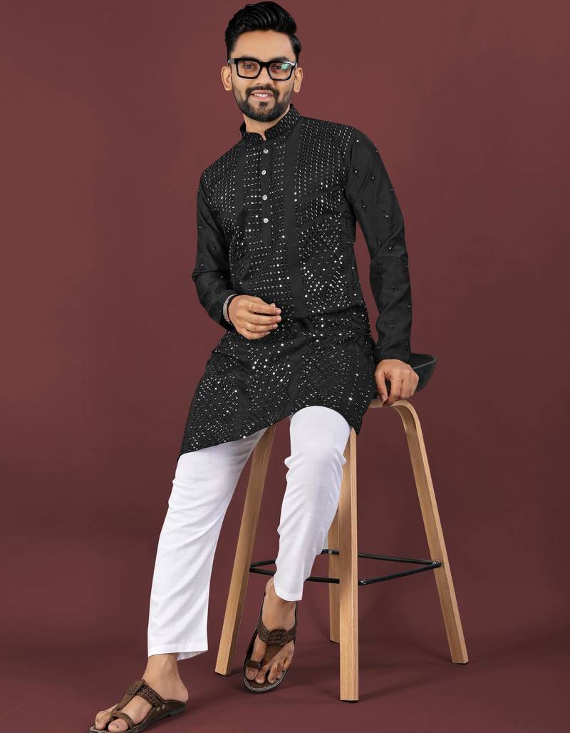 Black viscose silk sequins embroidery straight men's kurta pyjama