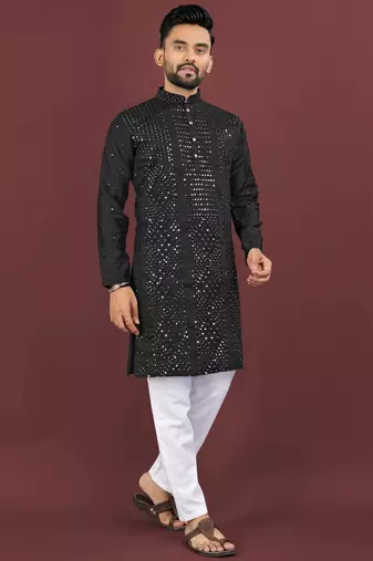 Black viscose silk sequins embroidery straight men's kurta pyjama