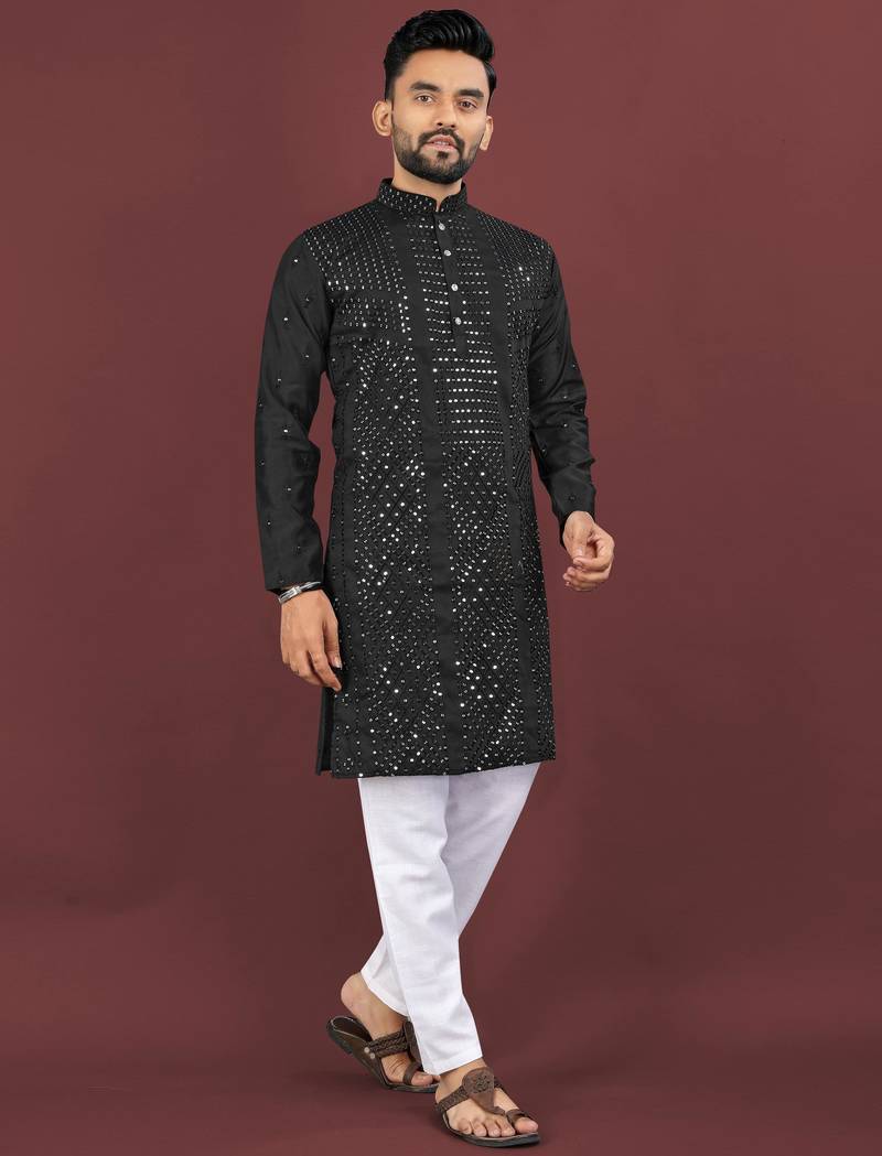 Black viscose silk sequins embroidery straight men's kurta pyjama