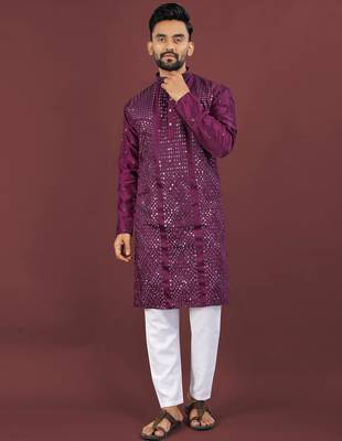 Wine viscose silk sequins embroidery straight men's kurta pyjama 1
