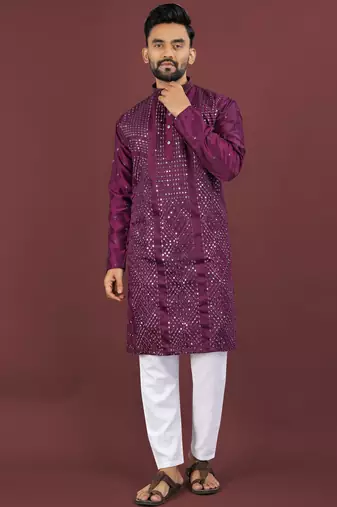 Wine viscose silk sequins embroidery straight men's kurta pyjama