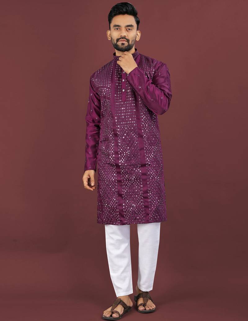 Wine viscose silk sequins embroidery straight men's kurta pyjama