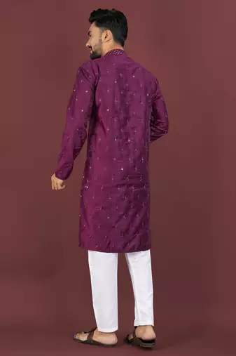 Wine viscose silk sequins embroidery straight men's kurta pyjama