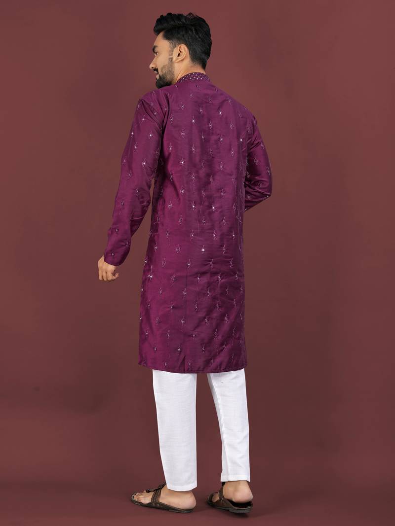 Wine viscose silk sequins embroidery straight men's kurta pyjama