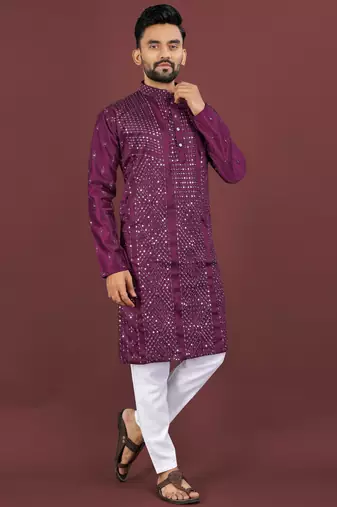 Wine viscose silk sequins embroidery straight men's kurta pyjama
