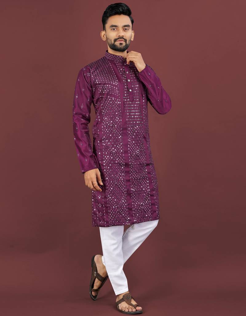 Wine viscose silk sequins embroidery straight men's kurta pyjama