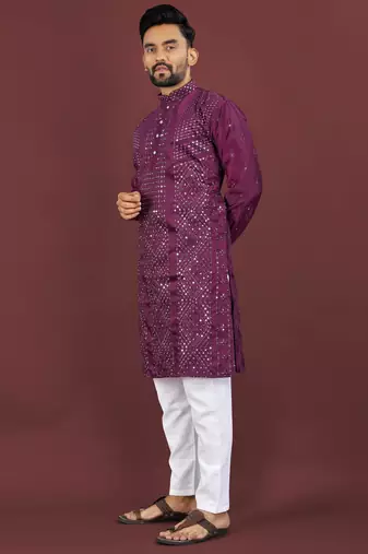 Wine viscose silk sequins embroidery straight men's kurta pyjama