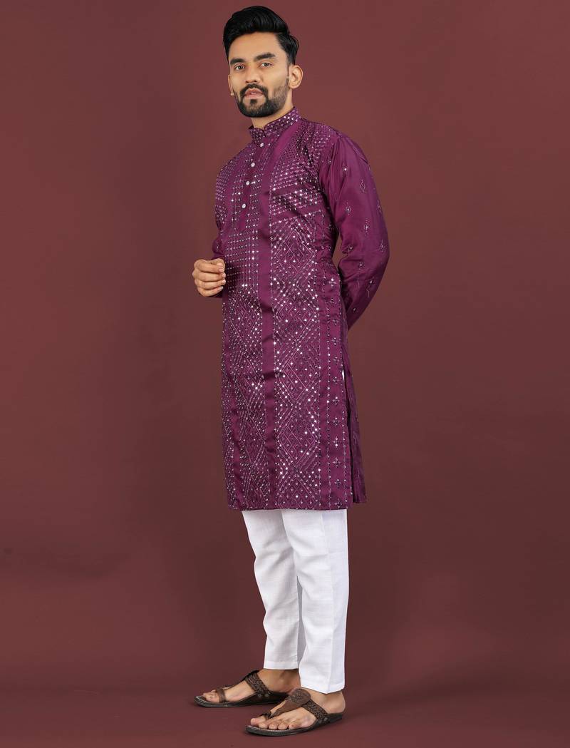 Wine viscose silk sequins embroidery straight men's kurta pyjama