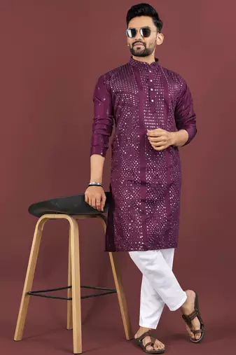 Wine viscose silk sequins embroidery straight men's kurta pyjama
