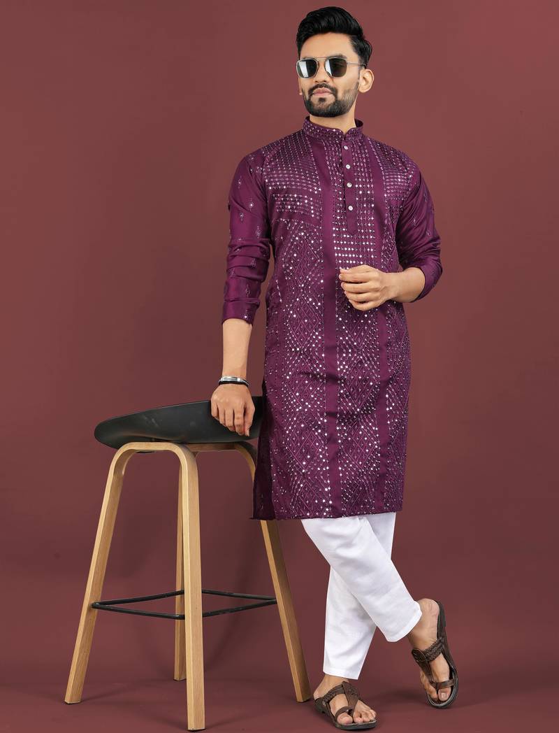 Wine viscose silk sequins embroidery straight men's kurta pyjama
