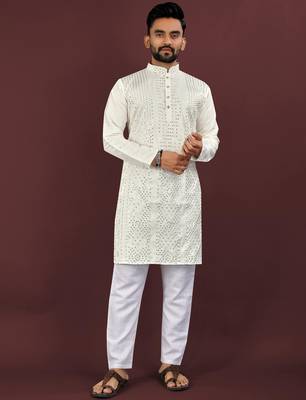 Off white viscose silk sequins embroidery straight men's kurta pyjama 1