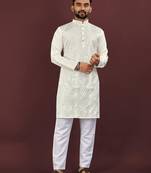 Off white viscose silk sequins embroidery straight men's kurta pyjama