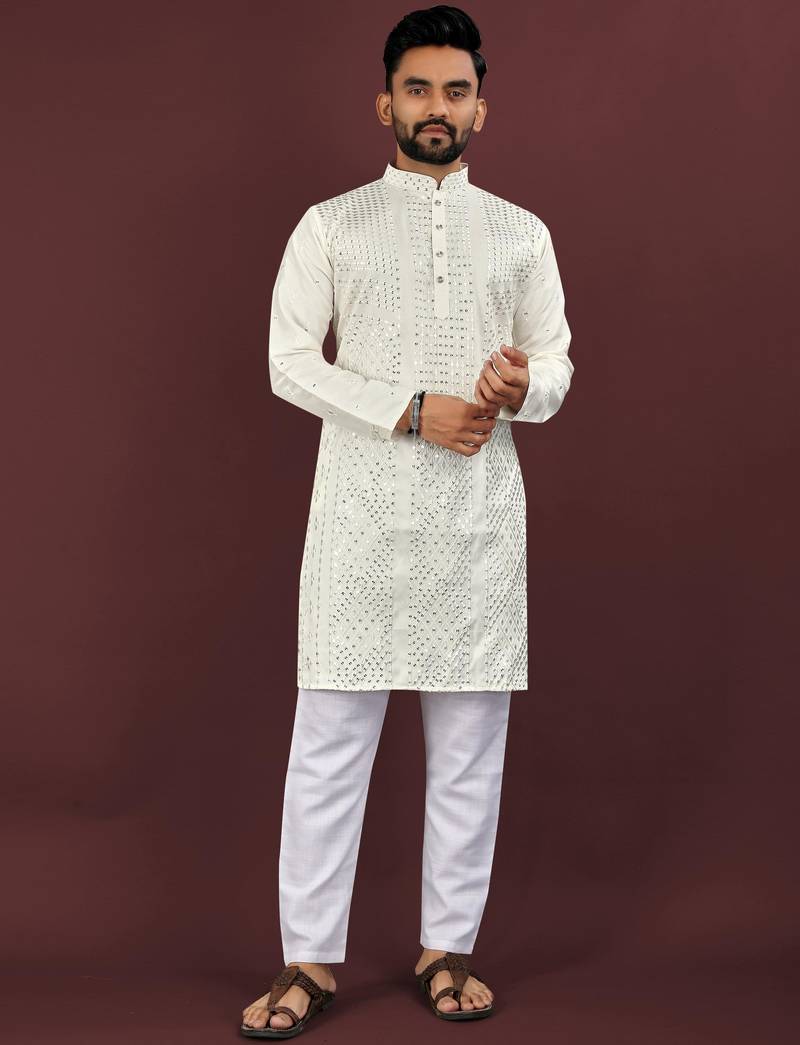 Off white viscose silk sequins embroidery straight men's kurta pyjama