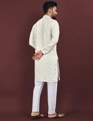 Off white viscose silk sequins embroidery straight men's kurta pyjama 2