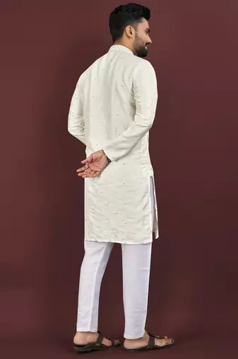 Off white viscose silk sequins embroidery straight men's kurta pyjama
