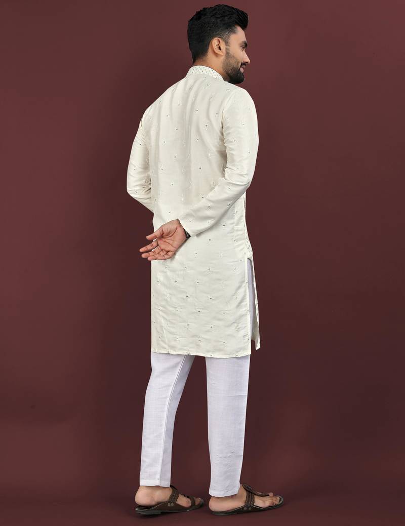 Off white viscose silk sequins embroidery straight men's kurta pyjama
