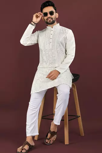 Off white viscose silk sequins embroidery straight men's kurta pyjama