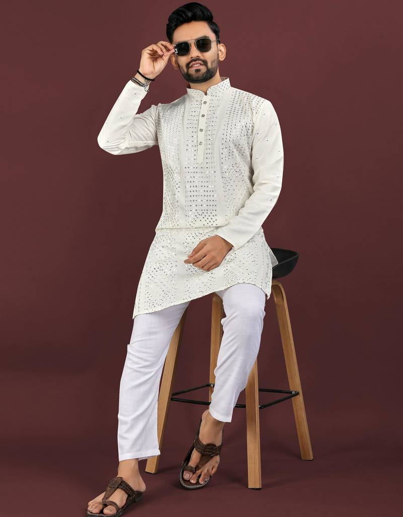 Off white viscose silk sequins embroidery straight men's kurta pyjama