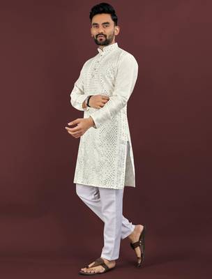 Off white viscose silk sequins embroidery straight men's kurta pyjama 4