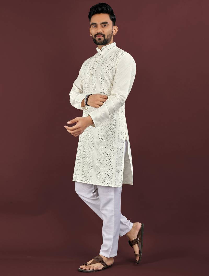 Off white viscose silk sequins embroidery straight men's kurta pyjama