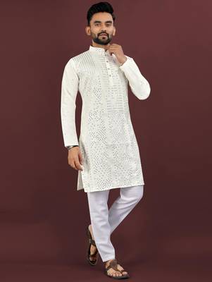 Off white viscose silk sequins embroidery straight men's kurta pyjama 5