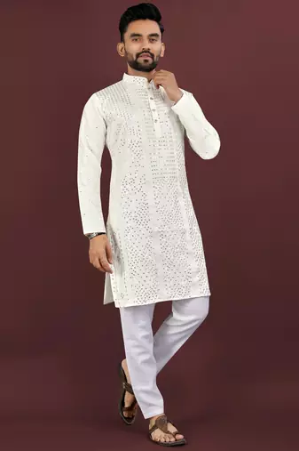Off white viscose silk sequins embroidery straight men's kurta pyjama