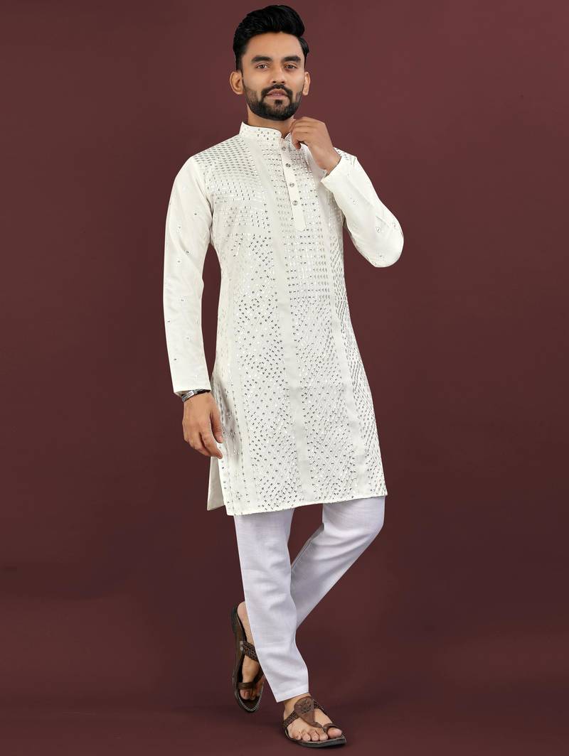 Off white viscose silk sequins embroidery straight men's kurta pyjama