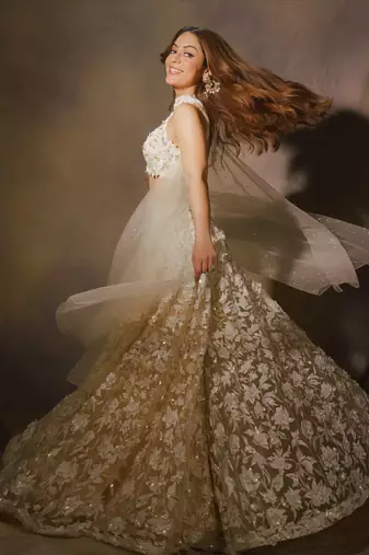 Ivory And Beige embroidered chiffon sharara with blouse and dupatta