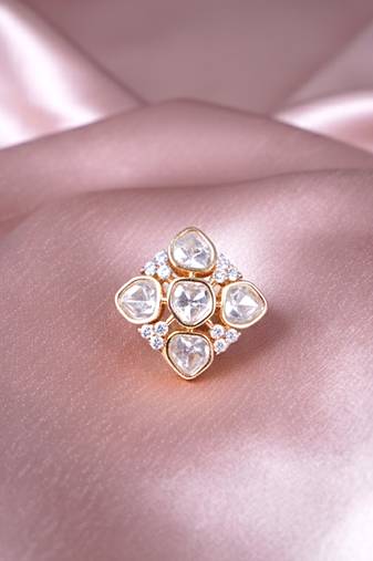 Women square polki stud adjustable ring with diamond highlights