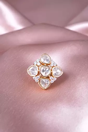 Women square polki stud adjustable ring with diamond highlights