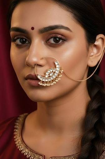 Women elegant half-moon gold-plated noserings with kundan & white beads