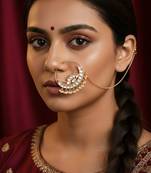 Women elegant half-moon gold-plated noserings with kundan & white beads