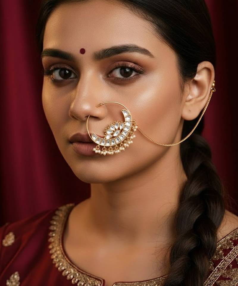 Women elegant half-moon gold-plated noserings with kundan & white beads