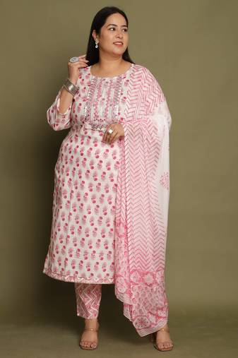 Women's pure cotton jaipuri printed & embroidered kurta & pant with dupatta