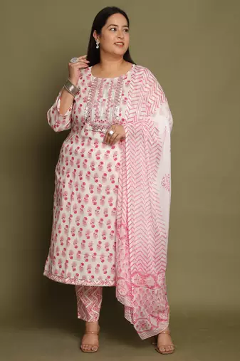 Women's pure cotton jaipuri printed & embroidered kurta & pant with dupatta