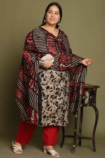 Women's cotton blend abstract printed kurta & pant with dupatta