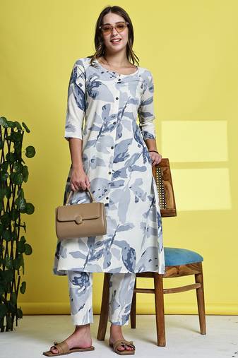 Off white & light blue women's cotton jaipuri printed kurta with pant