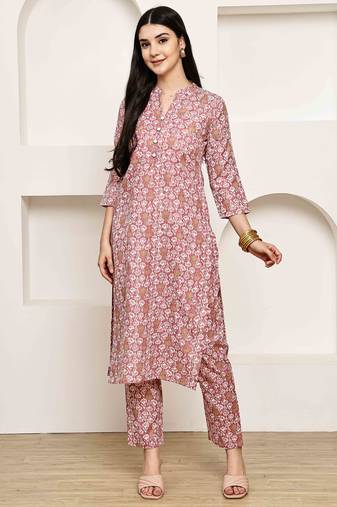 Pink women's cotton jaipuri printed kurta with pant