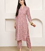 Pink women's cotton jaipuri printed kurta with pant