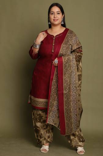 Wine cotton blend printed ready to wear patiala salwar suit