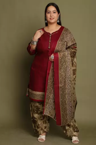 Wine cotton blend printed ready to wear patiala salwar suit