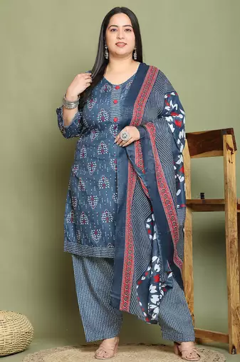 Grey & white cotton blend printed ready to wear patiala salwar suit