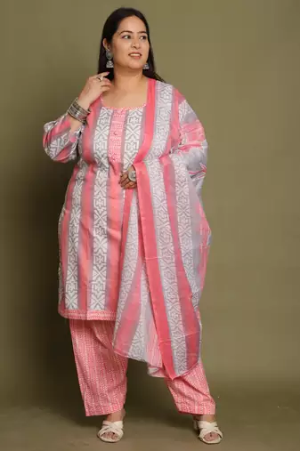 Peach & white cotton blend printed ready to wear patiala salwar suit