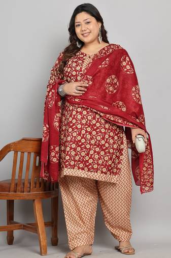 Maroon & beige cotton blend printed ready to wear patiala salwar suit