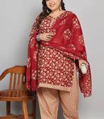 Maroon & beige cotton blend printed ready to wear patiala salwar suit