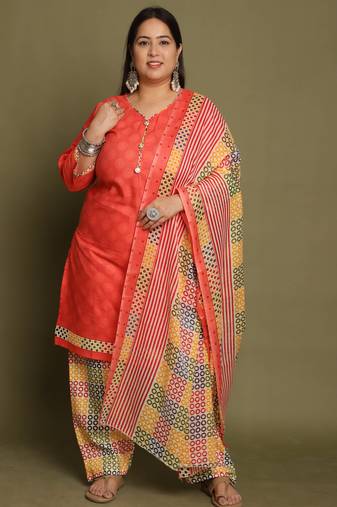 Peach cotton blend printed ready to wear patiala salwar suit