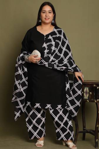 Black cotton blend printed ready to wear patiala salwar suit