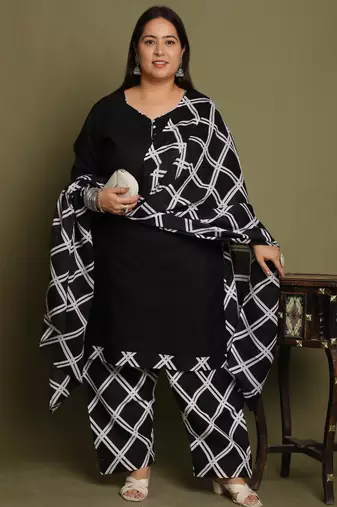 Black cotton blend printed ready to wear patiala salwar suit