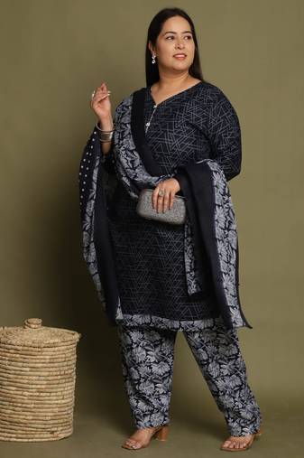 Blue cotton blend printed ready to wear patiala salwar suit