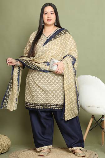 Beige cotton printed ready to wear salwar suit